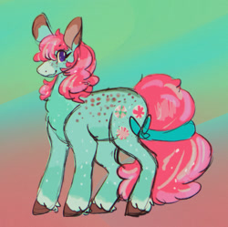 Size: 1238x1231 | Tagged: safe, artist:yaspup9000, minty, earth pony, pony, g3, g5, body freckles, female, freckles, g3 to g5, generation leap, gradient background, mare, redesign, smiling, solo, tail, unshorn fetlocks