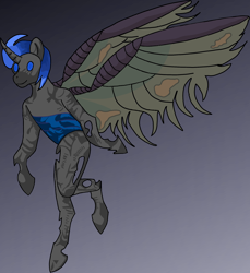 Size: 1898x2068 | Tagged: safe, artist:tiska, oc, oc only, oc:gestmis, changeling, pony, semi-anthro, blue mane, gradient background, gray body, large wings, solo, wings