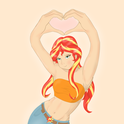 Size: 4096x4096 | Tagged: safe, alternate version, artist:applelord, sunset shimmer, human, equestria girls, g4, bare shoulders, bedroom eyes, belly, belly button, belt, belt buckle, clothes, curvy, denim, heart hands, hourglass figure, humanized, jeans, looking at you, midriff, pants, simple background, smiling, smiling at you, solo, tube top