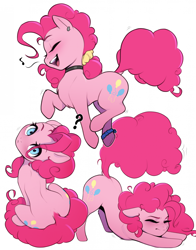 Size: 1698x2170 | Tagged: safe, artist:captainpudgemuffin, pinkie pie, earth pony, pony, g4, behaving like a cat, bracelet, chest fluff, choker, chokerpie, cute, diapinkes, dock, doodle, ear piercing, eyelashes, eyes closed, female, floppy ears, hair over one eye, hair tie, jewelry, looking at you, mare, music notes, open mouth, piercing, question mark, raised tail, simple background, singing, sitting, sitting on tail, solo, stretching, tail, walking, white background