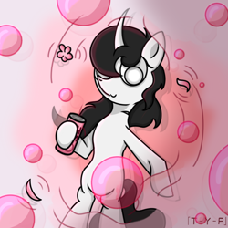 Size: 750x750 | Tagged: safe, artist:taoyvfei, oc, oc:taoyvfei, pony, unicorn, blood, bottle, bubble, curved horn, flower, horn, soda bottle, stimulate, unicorn oc, water