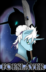 Size: 1600x2480 | Tagged: safe, artist:argent arms, nightmare moon, oc, oc:argent arms, alicorn, pony, unicorn, comic:foeslayer, g4, armor, blue coat, colored, ethereal mane, hoof shoes, horn, silhouette, spear, starry mane, title page, turquoise eyes, updo, weapon, white mane