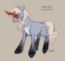 Size: 1101x1037 | Tagged: safe, artist:beyhr, oc, oc only, oc:holy steel, pony, unicorn, alternate eye color, alternate form, blonde mane, blonde tail, blood, blood on face, blood on horn, brown background, colored eyebrows, curly mane, curly tail, curse, curved horn, eyebrows, eyebrows visible through hair, eyelashes, frown, gray coat, horn, lidded eyes, long horn, narrowed eyes, nonbinary, nonbinary oc, profile, red eyes, simple background, solo, standing, tail, text, unicorn oc, white pupils