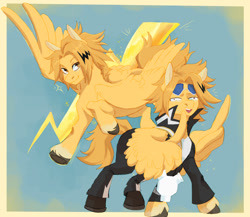 Size: 1500x1300 | Tagged: safe, artist:abbytabbys, part of a set, pegasus, pony, abstract background, anime, black hooves, black shoes, blonde mane, blonde tail, border, choker, clothes, colored eyebrows, colored fetlocks, colored hooves, costume, denki kaminari, derp, dizzy, drool, duality, emanata, facial markings, feathered wings, flying, golden eyes, hoof shoes, hooves, jacket, looking back, male, my hero academia, one wing out, pants, passepartout, ponified, popped collar, quirked pony, requested art, shiny mane, shirt, shoes, shrunken pupils, smiling, snot, solo, sparkles, spiky mane, spiky tail, spread wings, standing, sunglasses, sunglasses on head, superhero costume, tail, teenager, three quarter view, two toned mane, underhoof, unshorn fetlocks, wall of tags, white shirt, wing gesture, wings, wristband, yellow coat