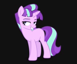 Size: 1208x1000 | Tagged: safe, artist:partyponypower, edit, vector edit, starlight glimmer, pony, unicorn, g4, alternate universe, bangs, black background, colored eyebrows, colored lineart, evil smile, eyelashes, female, horn, lidded eyes, long tail, looking away, mare, missing cutie mark, pink coat, purple eyes, s5 starlight, simple background, smiling, solo, standing, tail, teeth, three quarter view, three toned mane, three toned tail, unicorn horn, vector