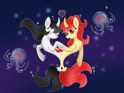 Size: 1200x900 | Tagged: safe, artist:taoyvfei, oc, oc:taoyvfei, jellyfish, pony, seapony (g4), unicorn, bubble, curved horn, dorsal fin, fin, fish tail, flowing mane, flowing tail, gradient background, heart, horn, looking at each other, looking at someone, ocean, seaponified, seaquestria, smiling, smiling at each other, species swap, stimulate, swimming, tail, underwater, unicorn oc, water