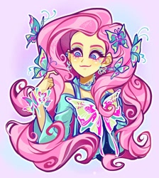 Size: 1832x2048 | Tagged: safe, artist:libbly_libby, fluttershy, butterfly, human, equestria girls, g4, female, long hair, makeup, outline, smiling, solo, white outline