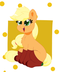 Size: 1970x2362 | Tagged: safe, artist:sparkly-retsuko, applejack, earth pony, pony, g4, chest fluff, clothes, cute, female, hatless, jackabetes, looking up, mare, missing accessory, missing cutie mark, open mouth, open smile, passepartout, smiling, socks, solo