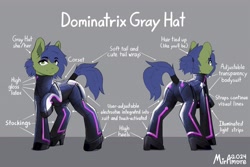 Size: 4096x2731 | Tagged: safe, artist:miramore, oc, oc only, oc:gray hat, earth pony, pony, butt, dominant, dominatrix, female, latex, latex suit, looking at you, mare, plot, raised hoof, reference sheet, solo, tail, tail wrap