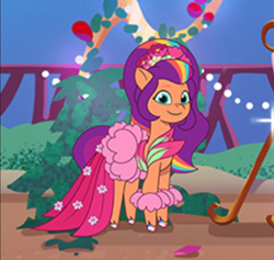 Size: 874x828 | Tagged: safe, edit, edited screencap, screencap, sunny starscout, earth pony, pony, g5, my little pony: tell your tale, leak, spoiler:g5, spoiler:my little pony: tell your tale, bush, clothes, cyan eyes, dress, female, flower, flower in hair, lil critter workshop, looking at you, mane stripe sunny, mare, smiling, smiling at you, unshorn fetlocks, upcoming