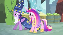 Size: 1920x1088 | Tagged: safe, screencap, princess cadance, twilight sparkle, alicorn, pony, g4, season 4, three's a crowd, beard, costume, duo, duo female, facial hair, female, folded wings, hair over one eye, hat, horn, jewelry, multicolored hair, multicolored mane, multicolored tail, regalia, sisters-in-law, standing, star swirl the bearded costume, tail, twilight sparkle (alicorn), wings