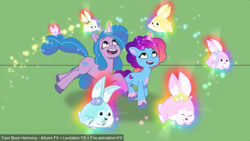 Size: 1920x1080 | Tagged: safe, screencap, izzy moonbow, misty brightdawn, pony, rabbit, unicorn, g5, my little pony: tell your tale, leak, spoiler:g5, spoiler:my little pony: tell your tale, animal, duo, female, flower, glowing, glowing horn, horn, levitation, lil critter workshop, looking up, magic, mare, rebirth misty, running, telekinesis, upcoming