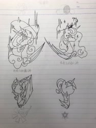 Size: 3024x4032 | Tagged: safe, artist:jess181307, princess celestia, twilight sparkle, alicorn, pony, g4, chinese, concept, female, lined paper, mare, pencil drawing, photo, sketch, traditional art