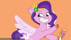 Size: 1920x1080 | Tagged: safe, screencap, pipp petals, pegasus, pony, g5, my little pony: tell your tale, leak, spoiler:g5, spoiler:my little pony: tell your tale, crown, female, jewelry, lil critter workshop, mare, microphone, regalia, singing, smiling, spread wings, stage, tail, two toned mane, two toned tail, unshorn fetlocks, upcoming, wings