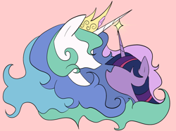 Size: 2732x2048 | Tagged: safe, artist:jess181307, princess celestia, twilight sparkle, alicorn, pony, g4, bust, duo, duo female, female, mare, no face, pink background, portrait, simple background