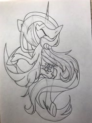 Size: 3024x4032 | Tagged: safe, artist:jess181307, starlight glimmer, pony, unicorn, g4, eyes closed, horn, monochrome, pen drawing, photo, sketch, smiling, solo, traditional art