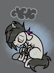 Size: 819x1100 | Tagged: safe, artist:paperbagpony, oc, oc only, oc:bass sparks, sad, sitting, solo, tattoo