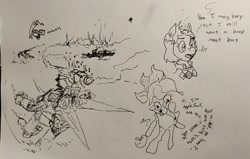 Size: 2048x1306 | Tagged: safe, artist:pony quarantine, applejack, oc, oc:dyx, alicorn, earth pony, pony, robot, robot pony, g4, boop request, bust, dialogue, female, filly, foal, mare, pen drawing, sunglasses, traditional art