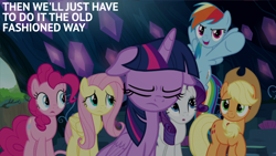 Size: 2000x1125 | Tagged: safe, edit, edited screencap, editor:quoterific, screencap, applejack, fluttershy, pinkie pie, rainbow dash, rarity, twilight sparkle, alicorn, pony, g4, season 9, the beginning of the end, cave, eyes closed, floppy ears, mane six, twilight sparkle (alicorn)