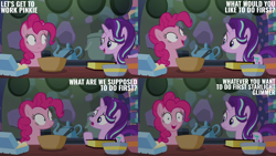 Size: 2000x1125 | Tagged: safe, edit, edited screencap, editor:quoterific, screencap, pinkie pie, starlight glimmer, earth pony, pony, unicorn, every little thing she does, g4, season 6, book, bowl, duo, duo female, female, horn, kitchen, mare, mixing bowl, shrunken pupils, talking, teapot, text, twilight's castle, two toned mane