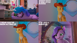 Size: 2000x1125 | Tagged: safe, edit, edited screencap, editor:quoterific, screencap, hitch trailblazer, izzy moonbow, pipp petals, earth pony, pony, unicorn, g5, my little pony: make your mark, my little pony: make your mark chapter 2, the cutie mark mix-up, bracelet, cowboy hat, crystal, diadem, earth pony crystal, female, hat, horn, jewelry, male, mare, pegasus crystal, regalia, royalty, smiling, stallion, talking, text, trio, unicorn crystal, unity crystals, unshorn fetlocks