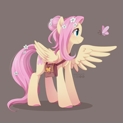 Size: 2160x2160 | Tagged: safe, artist:applesartt, fluttershy, butterfly, pegasus, pony, g4, bag, cute, female, flower, flower in hair, flower in tail, hair bun, looking at something, mare, one wing out, shyabetes, simple background, solo, tail, watermark, wings