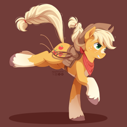 Size: 2160x2160 | Tagged: safe, artist:applesartt, applejack, earth pony, pony, g4, applejack's hat, bag, bandana, blaze (coat marking), brown background, coat markings, cowboy hat, facial freckles, facial markings, female, freckles, grin, hat, high res, leg markings, mare, pale belly, red bandana, rope, running, saddle, saddle bag, simple background, smiling, socks (coat markings), solo, tack, unshorn fetlocks