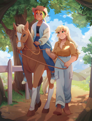 Size: 1636x2160 | Tagged: safe, artist:applesartt, applejack, rainbow dash, horse, human, g4, accessory swap, applejack's hat, clothes, cloud, converse, cowboy hat, duo, duo female, female, fence, freckles, hat, humanized, lesbian, outdoors, ship:appledash, shipping, shoes, sky, tree