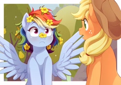 Size: 2048x1447 | Tagged: safe, artist:applesartt, applejack, rainbow dash, earth pony, pegasus, pony, g4, the perfect pear, applejack's hat, blushing, character swap, cowboy hat, duo, duo female, female, flower, flower in hair, freckles, hat, lesbian, looking at someone, mare, needs more jpeg, open mouth, outdoors, passepartout, scene interpretation, ship:appledash, shipping, spread wings, tree, wings