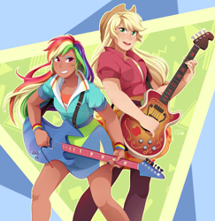 Size: 1987x2048 | Tagged: safe, artist:applesartt, applejack, rainbow dash, human, g4, abstract background, clothes, colored eyebrows, cowboy hat, dark skin, duo, duo female, female, freckles, guitar, hat, humanized, multicolored hair, musical instrument, open mouth, open smile, rainbow hair, skirt, smiling, stetson, wristband