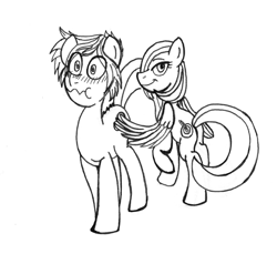 Size: 1300x1235 | Tagged: safe, artist:fleximusprime, oc, unnamed oc, earth pony, pegasus, blushing, butt touch, duo, feathermarking, monochrome, simple background, white background, wings