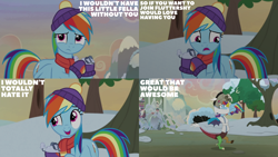 Size: 2000x1125 | Tagged: safe, edit, edited screencap, editor:quoterific, screencap, discord, rainbow dash, winterchilla, g4, my little pony best gift ever, clothes, duo, duo male and female, female, hug, male, scarf, school of friendship, snow, tree