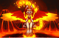 Size: 1000x650 | Tagged: safe, alternate version, artist:shad0w-galaxy, oc, oc only, oc:ayzat, alicorn, pony, clothes, corrupted, female, fiery wings, fire, glowing, glowing eyes, glowing horn, glowing wings, horn, infinite eclipse, lava, mane of fire, mare, priestess, smiling, smirk, smoke, tail, tail of fire, volcano, wings