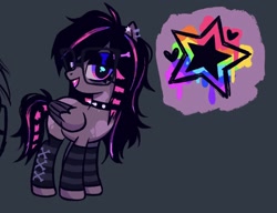 Size: 1614x1238 | Tagged: oc name needed, safe, artist:pichirin0, oc, oc only, pegasus, pony, black eyeshadow, choker, clothes, colored wings, coontails, ear piercing, eyeshadow, fangs, female, glasses, leg warmers, makeup, mare, multicolored hair, multicolored mane, multicolored tail, multicolored wings, pegasus oc, piercing, ponysona, purple eyes, scene, scene hair, show accurate, solo, spiked choker, striped leg warmers, tail, wings