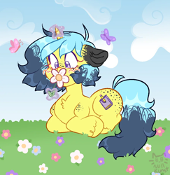 Size: 894x919 | Tagged: source needed, useless source url, safe, artist:nullkunst, oc, oc only, oc:sharpened pencil, butterfly, pony, unicorn, ambiguous gender, blushing, butt freckles, cloud, cute, floppy ears, flower, freckles, grass, horn, magic, outdoors, ponysona, sniffing, unicorn oc, unshorn fetlocks