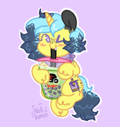 Size: 880x936 | Tagged: safe, artist:nullkunst, oc, oc only, oc:sharpened pencil, pony, unicorn, ambiguous gender, blushing, bubble tea, cute, cute fangs, drink, drinking, freckles, horn, one eye closed, ponysona, signature, solo, straw in mouth