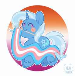 Size: 1080x1093 | Tagged: safe, artist:nullkunst, trixie, pony, unicorn, g4, cute, female, flag, horn, lesbian pride flag, mare, pride, pride flag, signature, simple background, smiling, solo, trans trixie, transgender, transgender pride flag, white background