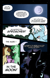 Size: 1600x2480 | Tagged: safe, artist:argent arms, oc, oc only, oc:argent arms, unnamed oc, earth pony, pegasus, pony, unicorn, comic:foeslayer, clothes, comic page, costume, horn, mare in the moon, moon, night, night sky, nightmare night costume, silhouette, sky, speech bubble, stars