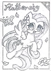 Size: 2156x3000 | Tagged: safe, artist:肝到驾崩, derpibooru exclusive, fluttershy, butterfly, pegasus, g4, blurry, cute, flower, flying, leaves, monochrome, traditional art, wings, wip