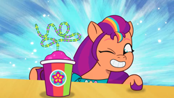 Size: 1920x1080 | Tagged: safe, screencap, sunny starscout, earth pony, pony, g5, my little pony: tell your tale, ooh a new friend, spoiler:g5, spoiler:my little pony: tell your tale, spoiler:tyts02e20, cute, drink, drinking straw, female, mane stripe sunny, mare, one eye closed, silly straw, smoothie, solo, sunnybetes, that pony sure does love smoothies, wink