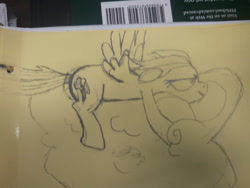 Size: 1280x960 | Tagged: safe, artist:startrotter, rainbow dash, pegasus, pony, g4, barcode, cloud, dakkadakka, female, looking ahead, lying down, lying on a cloud, mare, on a cloud, pencil drawing, prone, side view, solo, traditional art, wings