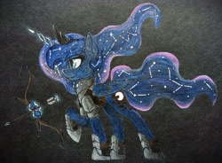 Size: 2986x2199 | Tagged: safe, artist:cmdraj, princess luna, alicorn, pony, g4, armor, arrow, bow (weapon), bow and arrow, bracer, constellation hair, crown, female, folded wings, frown, glowing, glowing horn, high res, hoof shoes, horn, jewelry, magic, mare, peytral, princess shoes, profile, raised hoof, regalia, solo, standing, telekinesis, traditional art, weapon, wings