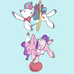 Size: 4400x4400 | Tagged: safe, artist:tkshoelace, pipp petals, zipp storm, pegasus, pony, g5, acrobatics, balancing, ball, blue background, bowtie, clothes, clown, clown nose, cute, duo, duo female, ear fluff, female, hat, hoop, leotard, necktie, red nose, royal sisters (g5), siblings, simple background, sisters, spread wings, unshorn fetlocks, wings