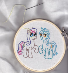 Size: 1280x1375 | Tagged: safe, artist:malte279, bon bon, lyra heartstrings, sweetie drops, earth pony, pony, unicorn, g4, craft, embroidery, female, horn, looking at you, mare, smiling, wip