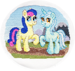 Size: 1559x1491 | Tagged: safe, alternate version, artist:malte279, bon bon, lyra heartstrings, sweetie drops, earth pony, pony, unicorn, g4, craft, embroidery, female, grin, horn, looking at you, mare, smiling