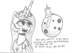 Size: 1693x1180 | Tagged: safe, artist:rosa ushiromiya, princess celestia, alicorn, pony, g4, 4everfreebrony, crown, female, jewelry, mare, monochrome, moon, open mouth, regalia, song art, spanish, traditional art