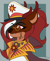 Size: 1818x2185 | Tagged: safe, artist:elite, oc, deer, deer pony, hybrid, original species, equestria at war mod, antlers, cape, clothes, glasses, hat, necktie, passepartout, peaked cap, ponytail, serious, shirt, uniform