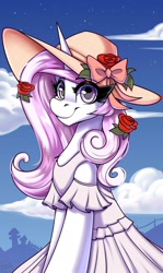 Size: 1250x2100 | Tagged: safe, artist:shadowreindeer, fleur-de-lis, pony, unicorn, g4, bust, clothes, cloud, commission, cute, dress, female, flower, flower in hair, hat, horn, mare, portrait, smiling, solo, summer