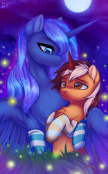 Size: 1428x2283 | Tagged: safe, artist:lina, princess luna, oc, oc:wrench ironbolt, firefly (insect), insect, g4, canon x oc, clothes, commission, duo, grass, hug, looking at each other, looking at someone, looking up, moon, night, shiny, socks, sparkles, stars, striped socks