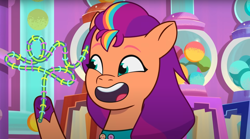 Size: 1680x931 | Tagged: safe, screencap, sunny starscout, earth pony, pony, g5, my little pony: tell your tale, ooh a new friend, spoiler:g5, spoiler:my little pony: tell your tale, spoiler:tyts02e20, drinking straw, female, mane stripe sunny, mare, silly straw, solo